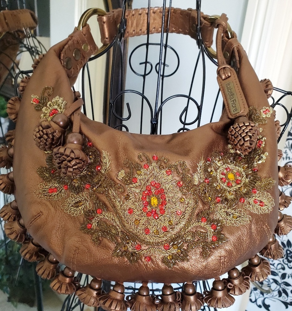 Isabella Fiore Brown Embroidered Beaded Mini Hobo Bag